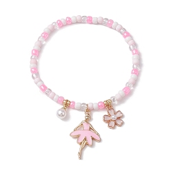 Pink Glass Seed Beaded Stretch Bracelet, with Alloy Enamel Charms, Pink, Inner Diameter: 2-1/4 inch(5.6cm)