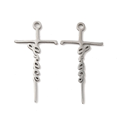 Stainless Steel Color Non-Tarnish 304 Stainless Steel Pendants, Cross with Word Grace Charm, Stainless Steel Color, 39x20x1mm, Hole: 2.5mm