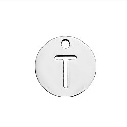 Letter T 201 Stainless Steel Charms, Flat Round with Letter, Stainless Steel Color, Letter.T, 12x1mm, Hole: 1.5mm