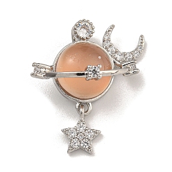 Персиковый Слойка Латунные микро проложить кубического циркония подвески, cmолой, долговечный, платина, планета, луна и звезда, розовые, 25x22x14 мм, отверстие : 4x2 мм