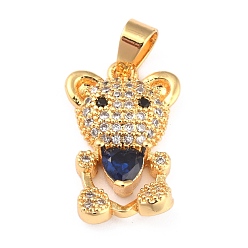 Темно-Синий Латунные подвески с фианитами, долговечный, реальный 18 k позолоченный, медведь, темно-синий, 18.5x11.5x4 мм, отверстие : 3.5x4.5 мм
