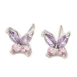 Thistle Butterfly Platinum Brass Stud Earrings, with Clear Cubic Zirconia, Long-Lasting Plated, Lead Free & Cadmium Free, Thistle, 7.5x8.5mm