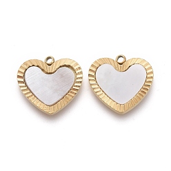 Seashell Color Natural Shell Charms, with Golden Plated 316 Surgical Stainless Steel Findings, Textured, Heart, Seashell Color, 11x12x1.5mm, Hole: 1.5mm