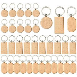 Moccasin 30Pcs 3 Style Rectangle/Flat Round Wooden Blank Engravable Tags Keychain, with Iron Rings, Moccasin, 40~53x40~32x7mm, 10pcs/style