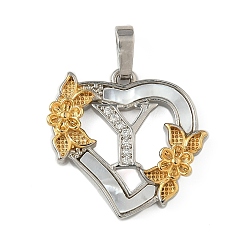 Letter Y Латунь микропаве фианиты с подвесками-ракушками, Сердце и письмо, долговечный, без свинца и без кадмия, стойки покрытие, Письмо Y, 20x20.5x3 мм, отверстие : 3.5x5 мм