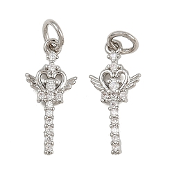 Платина Латунные микропаве прозрачные подвески с фианитом, сердечко волшебная палочка талисман, с целью перехода в кольце, стойки покрытие, долговечный, без свинца и без кадмия, платина, 18x8x2 мм, отверстие : 3 мм