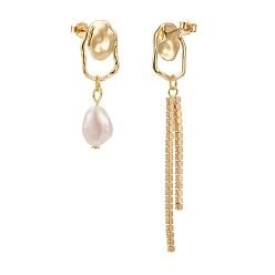 Golden 925 Sterling Silver Dangle Stud Earrings, Asymmetrical Earrings, with Ear Nuts, Natural Pearl and Clear Cubic Zirconia, White, Golden, 31mm and 59mm, Pin: 0.7mm