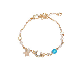 Deep Sky Blue Moon & Star & Flower Alloy Charm Bracelet with Imitation Pearl Beaded, for Ramadan & Eid Mubarak, Deep Sky Blue, 6-1/4 inch(16cm)