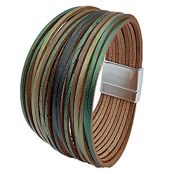 Dark Olive Green PU Leather Multi-strand Bracelets, with Magnetic Clasps, Dark Olive Green, 8-1/8 inch(20.5cm)