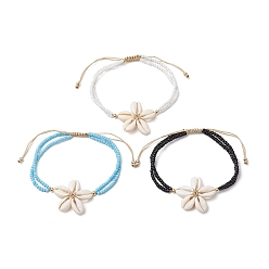 Mixed Color 3Pcs 3 Colors Adjustable Natural Cowrie Shell Beaded Braided Anklets, Summer Beach Glass Seed Beaded 2-Strand Anklets for Women, Mixed Color, Inner Diameter: 2-3/4~ 4 inch(71.5~100mm), 1pc/color