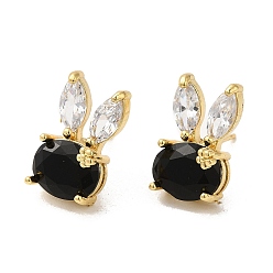 Black Rack Plating Real 18K Gold Plated Brass Rabbit Stud Earrings, with Glass, Long-Lasting Plated, Lead Free & Cadmium Free, Black, 17x10mm