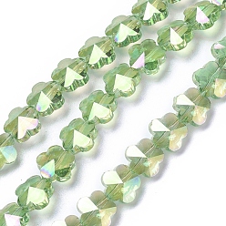 Light Green Electroplate Glass Beads Strands, Faceted, Flower, AB Color Plated, Light Green, 9.5~10x6~6.5mm, Hole: 1mm, about 25pcs/strand, 9.25 inch(23.5cm)