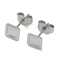 Stainless Steel Color 304 Stainless Steel Stud Earrings Findings, Square Tray Settings, Stainless Steel Color, Tray: 4x4mm, 6x6mm, Pin: 0.7mm