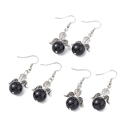 Obsidian Natural Obsidian Round Beaded Fairy Dangle Earrings, Platinum Brass Jewelry for Women, Cadmium Free & Lead Free, 45mm, Pin: 0.7mm
