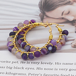 B-E200027F Boho Chic 6mm Purple Agate Natural Stone Geometric Statement Earrings for Women