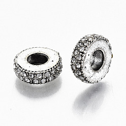 Silver Alloy European Beads, with Crystal Rhinestones, Large Hole Beads, Flat Round, Silver, 11x3.5mm, Hole: 4.5mm