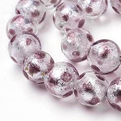 Rosy Brown Handmade Silver Foil Lampwork Beads Strands, Round, Polka Dot Pattern, Rosy Brown, 12mm, Hole: 1mm, 25pcs/strand, 11.2 inch