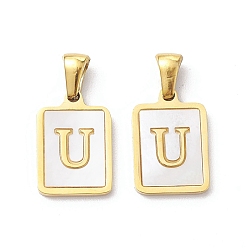 Letter U Ion Plating(IP) 304 Stainless Steel Pave Shell Pendants, Rectangle Charm, Real 18K Gold Plated, Letter U, 17.5x12x1.5mm, Hole: 3x5mm