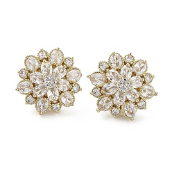 Golden Flower Brass with Cubic Zirconia Stud Earrings, Long-Lasting Plated, Golden, 18.5mm