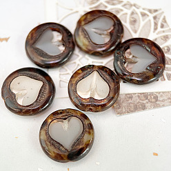 Coconut Brown Czech Glass Beads, Flat Round with Heart, Coconut Brown, 17mm