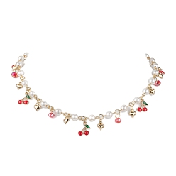 Golden Glass Beads & Pearl Beaded Bib Necklaces, Cherry Alloy Enamel Pendant Necklaces for Women, Golden, 15.75 inch(40cm)