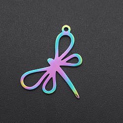 Rainbow Color Ion Plating(IP) 201 Stainless Steel Pendants, Dragonfly, Laser Cut, Rainbow Color, 24x21x1mm, Hole: 1.2mm