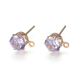 Lilac Brass Stud Earring Findings, with 316 Surgical Stainless Steel Pin, Cubic Zirconia and Loop, Long-Lasting Plated, Flat Round, Real 14K Gold Plated, Lilac, 8x6x5.5mm, Hole: 1mm, Pin: 0.7mm