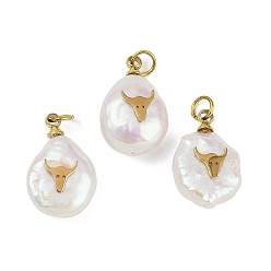 (461) Высокий Металлик Виноград Натуральные кеши жемчужные подвески, подвески-слезинки с 316 ломтиками из нержавеющей стали, ионное покрытие (ip), реальный 18 k позолоченный, цветочный белый, крупный рогатый скот, 15~18x10~12x6~7 мм, отверстие : 2.8 мм