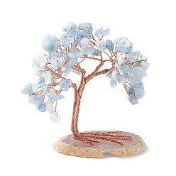 Aquamarine Natural Aquamarine Tree Display Decoration, Agate Slice Base Feng Shui Ornament for Wealth, Luck, Rose Gold Brass Wires Wrapped, 42~50x74~79x83~86mm