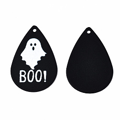 White Spray Painted Iron Pendants, Rubberized Style, 3D Printed,  Halloween Ghost with Word BOO Print Pattern, Teardrop, White, 27.5x18x0.5mm, Hole: 1.2mm