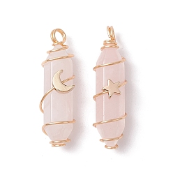 Rose Quartz Natural Rose Quartz Copper Wire Wrapped Pendants, Faceted Bullet Charms with Light Gold Tone Star & Moon Brass Beads, 36~37.5x10~10.5x11~12mm, Hole: 3.5~4mm, 2pcs/set