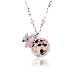 Pink Round with Crown Lampwork Perfume Bottle Necklaces, with Titanium Steel Chains, Pink, 23.62 inch(60cm), Capacity: 0.5ml(0.02fl. oz)