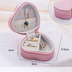 Pink Heart PU Leather Jewelry Box, Travel Portable Jewelry Case, Zipper Storage Boxes, for Necklaces, Rings, Earrings and Pendants, Pink, 9.5x8.5x5.5cm
