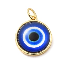 Blue Real 18K Gold Plated Brass Pendants, with Acrylic and Jump Ring, Flat Round with Evil Eye Charms, Blue, 16x14x5.5mm, Hole: 3.4mm