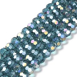 Light Sea Green Transparent Glass Beads, 32 Facets, AB Color Plated, Round, Light Sea Green, 8x7~7.5mm, Hole: 1.5mm, about 66pcs/strand, 18.82''~19.06''(47.8~48.4cm)