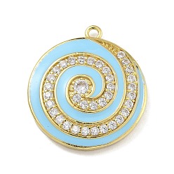 Светло-Голубой Стойка покрытие латунь микропаве прозрачный кубический цирконий с эмалевыми подвесками, долговечный, без свинца и без кадмия, реальный 18 k позолоченный, плоские круглые с вихревыми узором, Небесно-голубой, 27x24x5 мм, отверстие : 1.8 мм