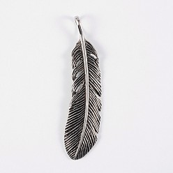 Antique Silver 316 Surgical Stainless Steel Big Pendants, Feather, Antique Silver, 68x17x3mm, Hole: 8x5mm