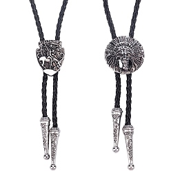 Antique Silver Gorgecraft 2Pcs 2 Style Engraved Oval & Flat Round Laria Necklaces for Men Women, Imitation Leather Cord Adjustable Necklaces Set, Black, Antique Silver, 40.94 inch(104cm), 1pc/style