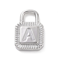 Letter A Eco-friendly Rack Plating Brass Pendants, Cadmium Free & Lead Free, Long-Lasting Plated, Lock with Alphabet, Platinum, Letter.A, 15x10x3mm, Hole: 3.5x4mm
