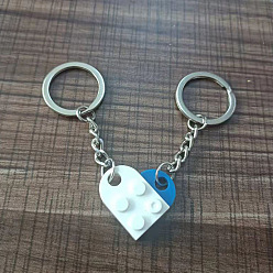 White Love Heart Building Blocks Keychain, Separable Jewelry Gifts Couples Friendship Keychain, with Alloy Findings, White, Pendant: 2.5x2.7x8cm, Ring: 3cm