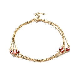 Golden 304 Stainless Steel Curb Chains Triple Layered Anklet, Red Enamel Evil Eye Links Anklet for Women, Golden, 8-5/8 inch(22cm)