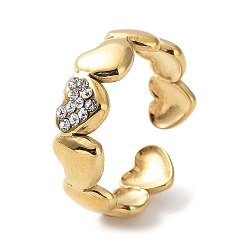 Real 18K Gold Plated 304 Stainless Steel Heart Open Cuff Ring with Crystal Rhinestone, Real 18K Gold Plated, US Size 7(17.3mm)