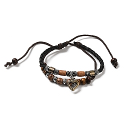 Sienna Wooden Braided Double Layer Multi-strand Bracelets, Adjustable Bracelet with Alloy Heart Charms, Sienna, Inner Diameter: 2-3/8~3-3/8 inch(6~8.55cm)