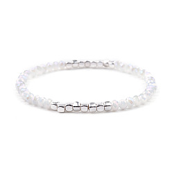 White Gold-tone Miyuki Elastic Crystal Beaded Bracelet with Acrylic Tube Beads