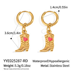 Красный 304 туфли из нержавеющей стали с серьгами-кольцами в форме сердца, с эмалью, реальный 18 k позолоченный, красные, 36.5x14 мм