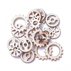Antique White Undyed Wood Steampunk Pendants, Gear Charms, Antique White, 12~38x2~2.5mm, Hole: 2~12mm