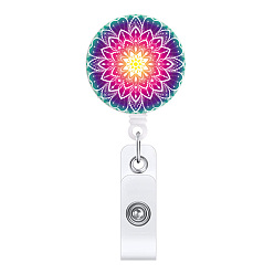 Colorful ABS Plastic Retractable Badge Reels, Card Holders, with Platinum Clips, ID Badge Holder for Nurses, Flat Round with Mandala Pattern, Colorful, 85mm