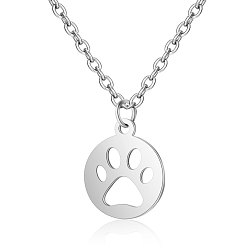 Stainless Steel Color 201 Stainless Steel Pendants Necklaces, Flat Round with Dog's Paw, Stainless Steel Color, 16.3 inch(40cm)x1mm