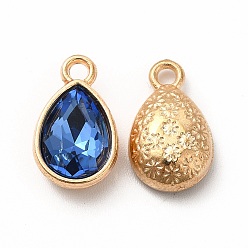 Royal Blue Faceted Glass Rhinestone Pendants, with Golden Tone Zinc Alloy Findings, Teardrop Charms, Royal Blue, 15x9x5mm, Hole: 2mm