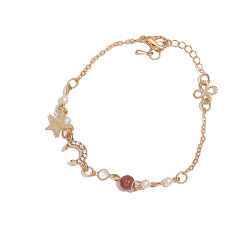 Light Coral Moon & Star & Flower Alloy Charm Bracelet with Imitation Pearl Beaded, for Ramadan & Eid Mubarak, Light Coral, 6-1/4 inch(16cm)